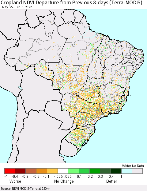 Brazil Cropland NDVI Departure from Previous 8-days (Terra-MODIS) Thematic Map For 5/25/2022 - 6/1/2022