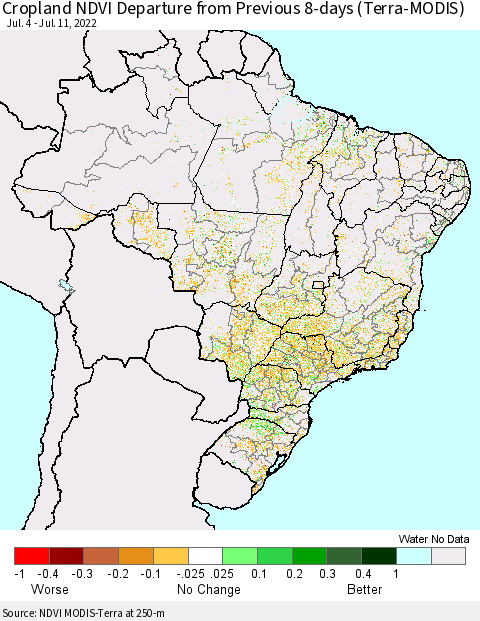 Brazil Cropland NDVI Departure from Previous 8-days (Terra-MODIS) Thematic Map For 7/4/2022 - 7/11/2022