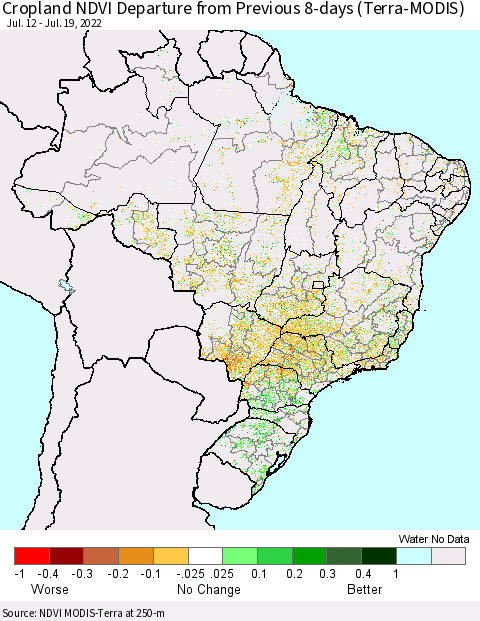 Brazil Cropland NDVI Departure from Previous 8-days (Terra-MODIS) Thematic Map For 7/12/2022 - 7/19/2022