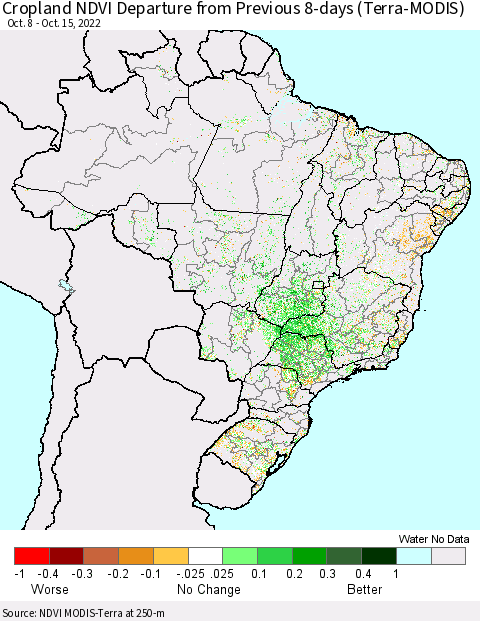 Brazil Cropland NDVI Departure from Previous 8-days (Terra-MODIS) Thematic Map For 10/8/2022 - 10/15/2022