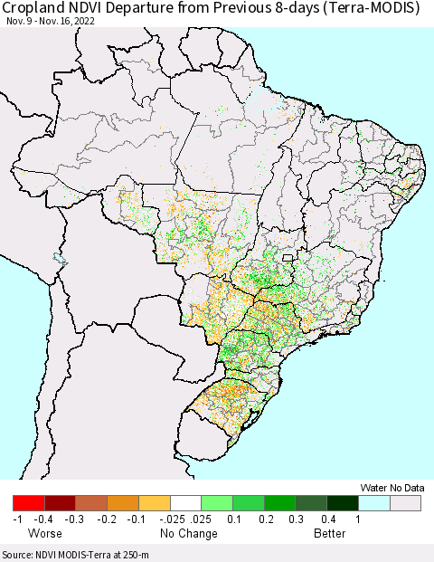 Brazil Cropland NDVI Departure from Previous 8-days (Terra-MODIS) Thematic Map For 11/9/2022 - 11/16/2022
