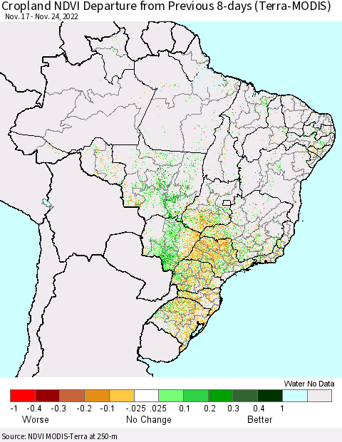 Brazil Cropland NDVI Departure from Previous 8-days (Terra-MODIS) Thematic Map For 11/17/2022 - 11/24/2022