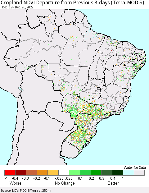 Brazil Cropland NDVI Departure from Previous 8-days (Terra-MODIS) Thematic Map For 12/19/2022 - 12/26/2022