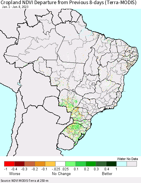 Brazil Cropland NDVI Departure from Previous 8-days (Terra-MODIS) Thematic Map For 1/1/2023 - 1/8/2023