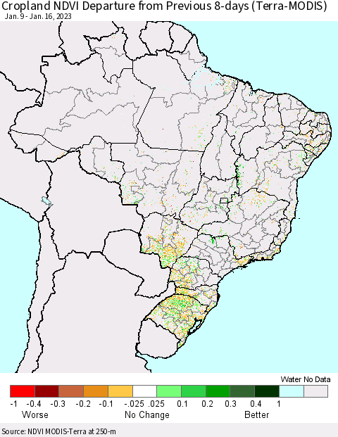 Brazil Cropland NDVI Departure from Previous 8-days (Terra-MODIS) Thematic Map For 1/9/2023 - 1/16/2023
