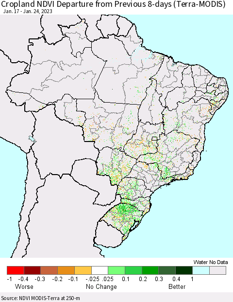 Brazil Cropland NDVI Departure from Previous 8-days (Terra-MODIS) Thematic Map For 1/17/2023 - 1/24/2023