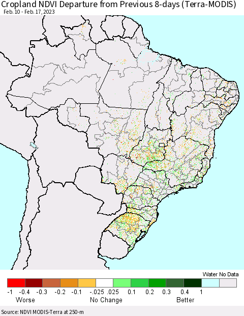 Brazil Cropland NDVI Departure from Previous 8-days (Terra-MODIS) Thematic Map For 2/10/2023 - 2/17/2023