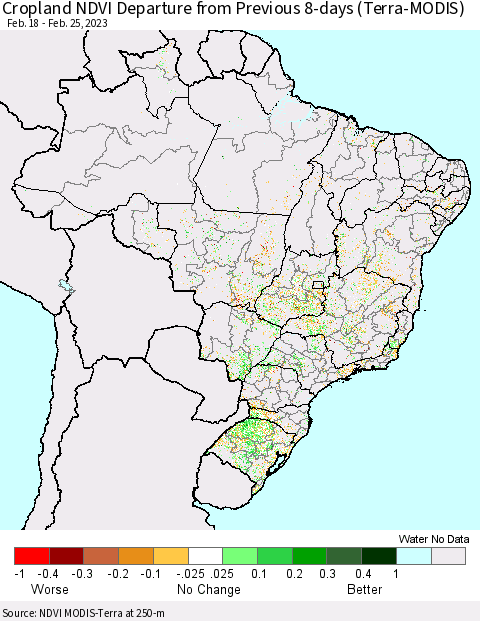 Brazil Cropland NDVI Departure from Previous 8-days (Terra-MODIS) Thematic Map For 2/18/2023 - 2/25/2023