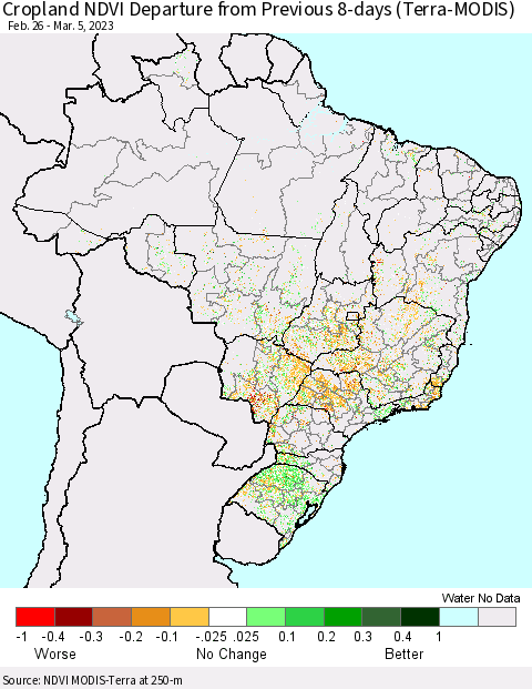 Brazil Cropland NDVI Departure from Previous 8-days (Terra-MODIS) Thematic Map For 2/26/2023 - 3/5/2023