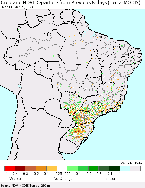 Brazil Cropland NDVI Departure from Previous 8-days (Terra-MODIS) Thematic Map For 3/14/2023 - 3/21/2023