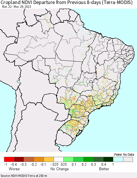 Brazil Cropland NDVI Departure from Previous 8-days (Terra-MODIS) Thematic Map For 3/22/2023 - 3/29/2023