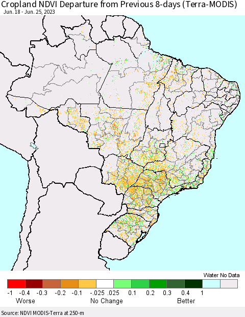 Brazil Cropland NDVI Departure from Previous 8-days (Terra-MODIS) Thematic Map For 6/18/2023 - 6/25/2023