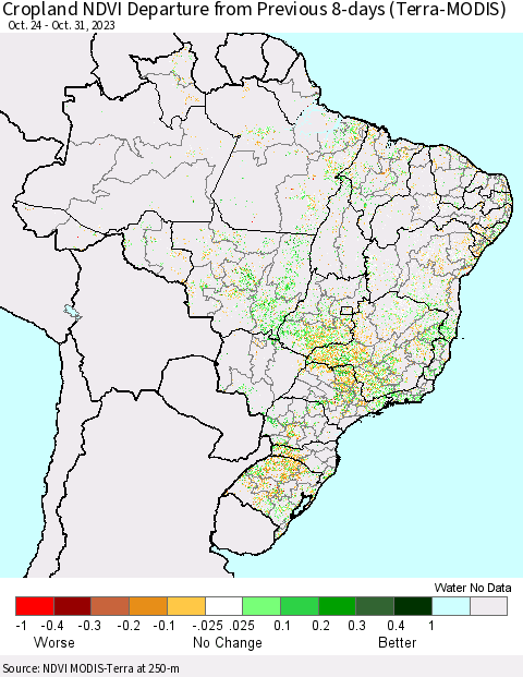Brazil Cropland NDVI Departure from Previous 8-days (Terra-MODIS) Thematic Map For 10/24/2023 - 10/31/2023