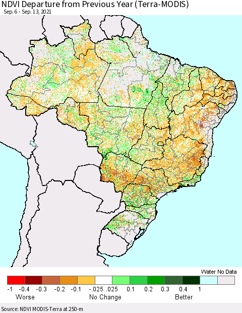Brazil NDVI Departure from Previous Year (Terra-MODIS) Thematic Map For 9/6/2021 - 9/13/2021