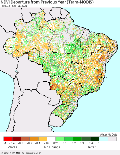 Brazil NDVI Departure from Previous Year (Terra-MODIS) Thematic Map For 9/14/2021 - 9/21/2021