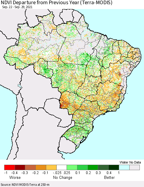 Brazil NDVI Departure from Previous Year (Terra-MODIS) Thematic Map For 9/22/2021 - 9/29/2021