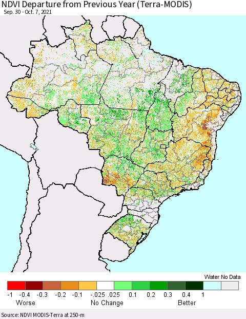 Brazil NDVI Departure from Previous Year (Terra-MODIS) Thematic Map For 9/30/2021 - 10/7/2021