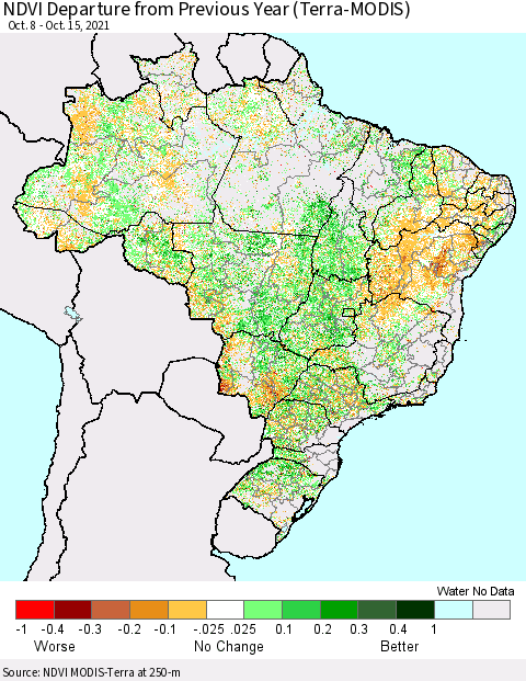 Brazil NDVI Departure from Previous Year (Terra-MODIS) Thematic Map For 10/8/2021 - 10/15/2021