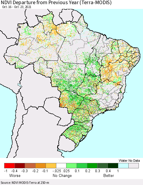 Brazil NDVI Departure from Previous Year (Terra-MODIS) Thematic Map For 10/16/2021 - 10/23/2021