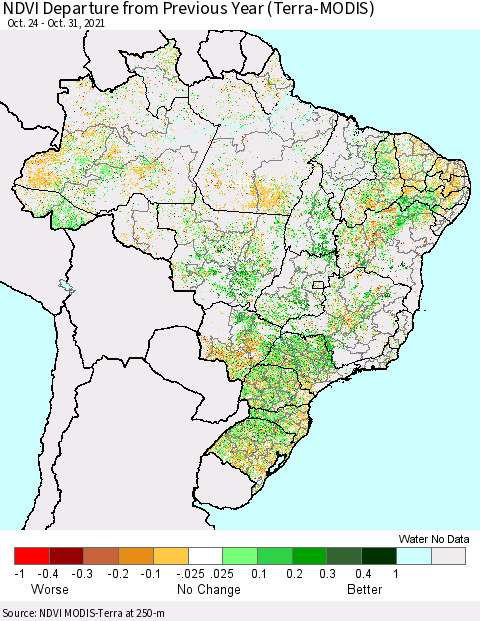 Brazil NDVI Departure from Previous Year (Terra-MODIS) Thematic Map For 10/24/2021 - 10/31/2021