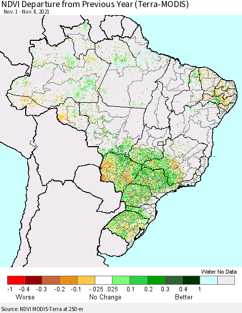 Brazil NDVI Departure from Previous Year (Terra-MODIS) Thematic Map For 11/1/2021 - 11/8/2021