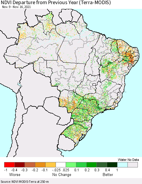 Brazil NDVI Departure from Previous Year (Terra-MODIS) Thematic Map For 11/9/2021 - 11/16/2021