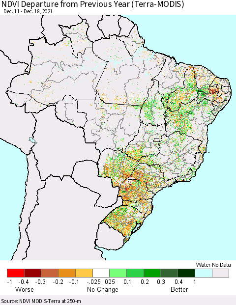 Brazil NDVI Departure from Previous Year (Terra-MODIS) Thematic Map For 12/11/2021 - 12/18/2021