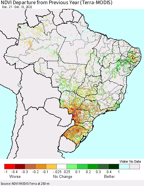 Brazil NDVI Departure from Previous Year (Terra-MODIS) Thematic Map For 12/26/2021 - 1/2/2022