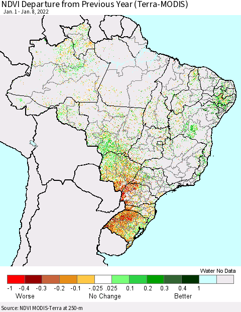 Brazil NDVI Departure from Previous Year (Terra-MODIS) Thematic Map For 1/1/2022 - 1/8/2022