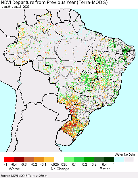 Brazil NDVI Departure from Previous Year (Terra-MODIS) Thematic Map For 1/9/2022 - 1/16/2022