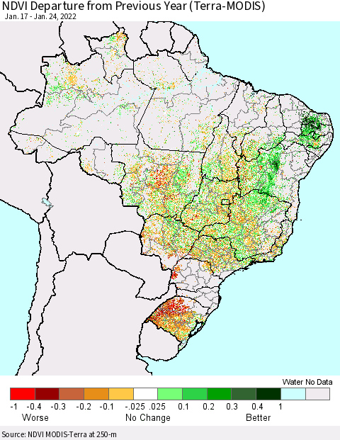 Brazil NDVI Departure from Previous Year (Terra-MODIS) Thematic Map For 1/17/2022 - 1/24/2022