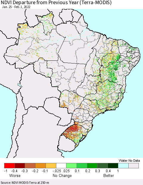 Brazil NDVI Departure from Previous Year (Terra-MODIS) Thematic Map For 1/25/2022 - 2/1/2022