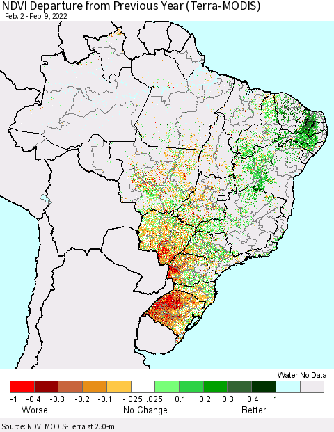 Brazil NDVI Departure from Previous Year (Terra-MODIS) Thematic Map For 2/2/2022 - 2/9/2022
