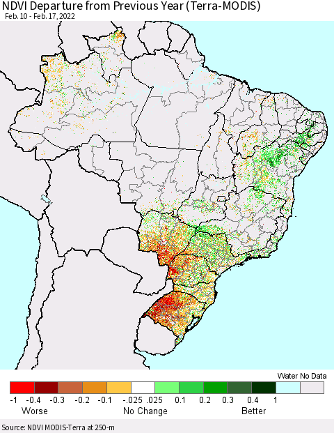 Brazil NDVI Departure from Previous Year (Terra-MODIS) Thematic Map For 2/10/2022 - 2/17/2022