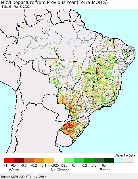Brazil NDVI Departure from Previous Year (Terra-MODIS) Thematic Map For 2/26/2022 - 3/5/2022