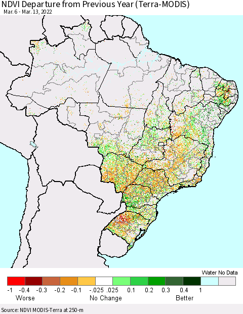 Brazil NDVI Departure from Previous Year (Terra-MODIS) Thematic Map For 3/6/2022 - 3/13/2022