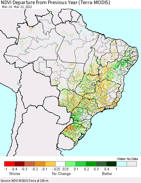 Brazil NDVI Departure from Previous Year (Terra-MODIS) Thematic Map For 3/14/2022 - 3/21/2022