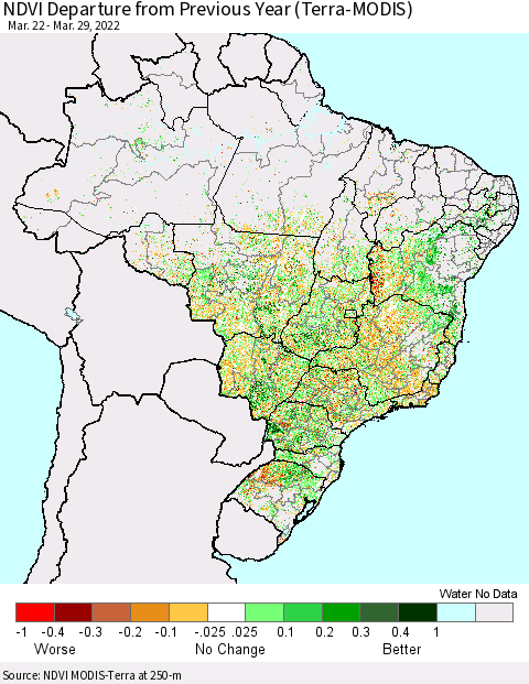 Brazil NDVI Departure from Previous Year (Terra-MODIS) Thematic Map For 3/22/2022 - 3/29/2022