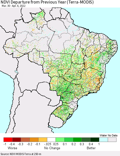 Brazil NDVI Departure from Previous Year (Terra-MODIS) Thematic Map For 3/30/2022 - 4/6/2022