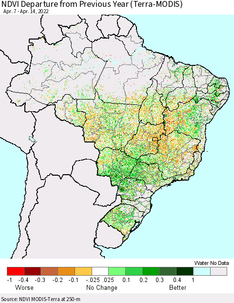 Brazil NDVI Departure from Previous Year (Terra-MODIS) Thematic Map For 4/7/2022 - 4/14/2022