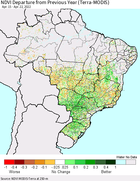 Brazil NDVI Departure from Previous Year (Terra-MODIS) Thematic Map For 4/15/2022 - 4/22/2022