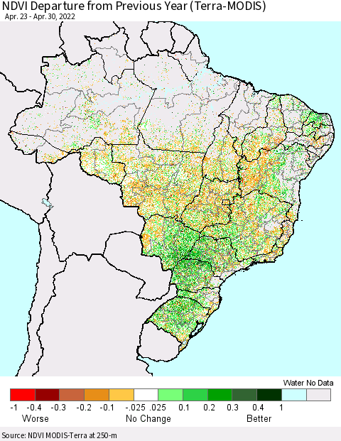 Brazil NDVI Departure from Previous Year (Terra-MODIS) Thematic Map For 4/23/2022 - 4/30/2022
