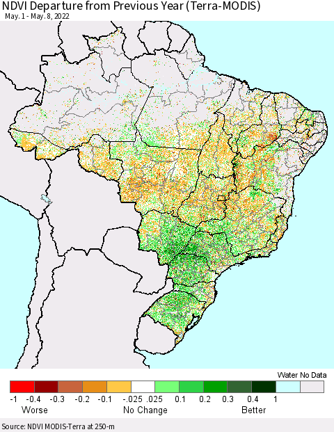 Brazil NDVI Departure from Previous Year (Terra-MODIS) Thematic Map For 5/1/2022 - 5/8/2022