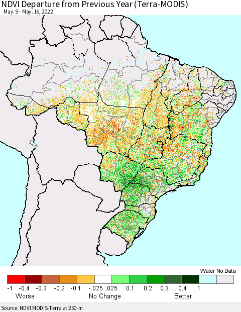 Brazil NDVI Departure from Previous Year (Terra-MODIS) Thematic Map For 5/9/2022 - 5/16/2022
