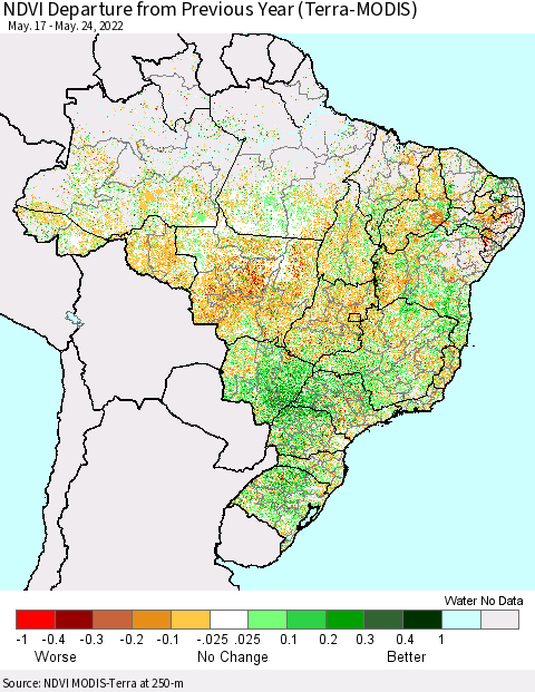 Brazil NDVI Departure from Previous Year (Terra-MODIS) Thematic Map For 5/17/2022 - 5/24/2022