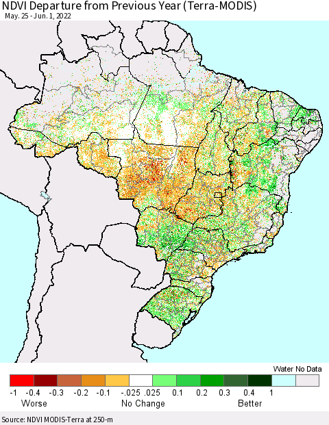 Brazil NDVI Departure from Previous Year (Terra-MODIS) Thematic Map For 5/25/2022 - 6/1/2022