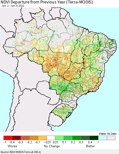 Brazil NDVI Departure from Previous Year (Terra-MODIS) Thematic Map For 6/2/2022 - 6/9/2022
