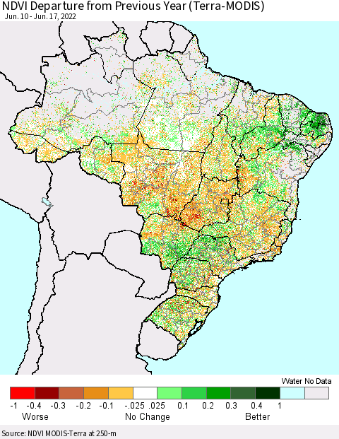 Brazil NDVI Departure from Previous Year (Terra-MODIS) Thematic Map For 6/10/2022 - 6/17/2022
