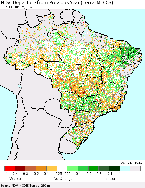 Brazil NDVI Departure from Previous Year (Terra-MODIS) Thematic Map For 6/18/2022 - 6/25/2022