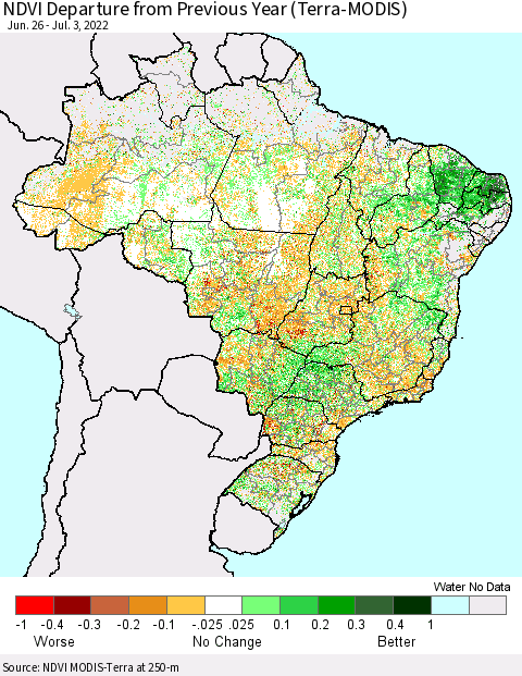Brazil NDVI Departure from Previous Year (Terra-MODIS) Thematic Map For 6/26/2022 - 7/3/2022